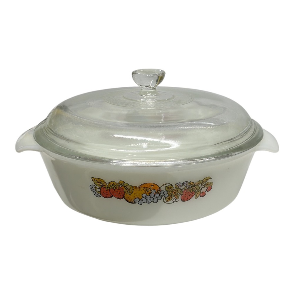Anchor Hocking Fire King 437 Natures Bounty Fruit Glass Casserole Dish w/Lid